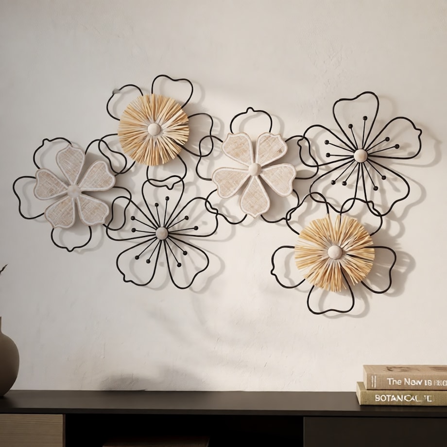 Dekoracja ścienna Itis, kolor brązowy i czarny, żelazo, rafia i płyta MDF, 75 x 42 cm, do salonu i przedpokoju, Mauro Ferretti
