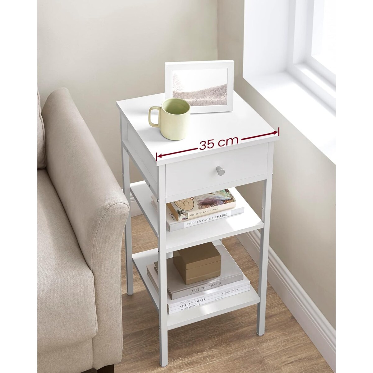SZAFKA NOCNA Z SZUFLADĄ NOWOCZESNY STOLIK Z PÓŁKAMI - BIAŁA