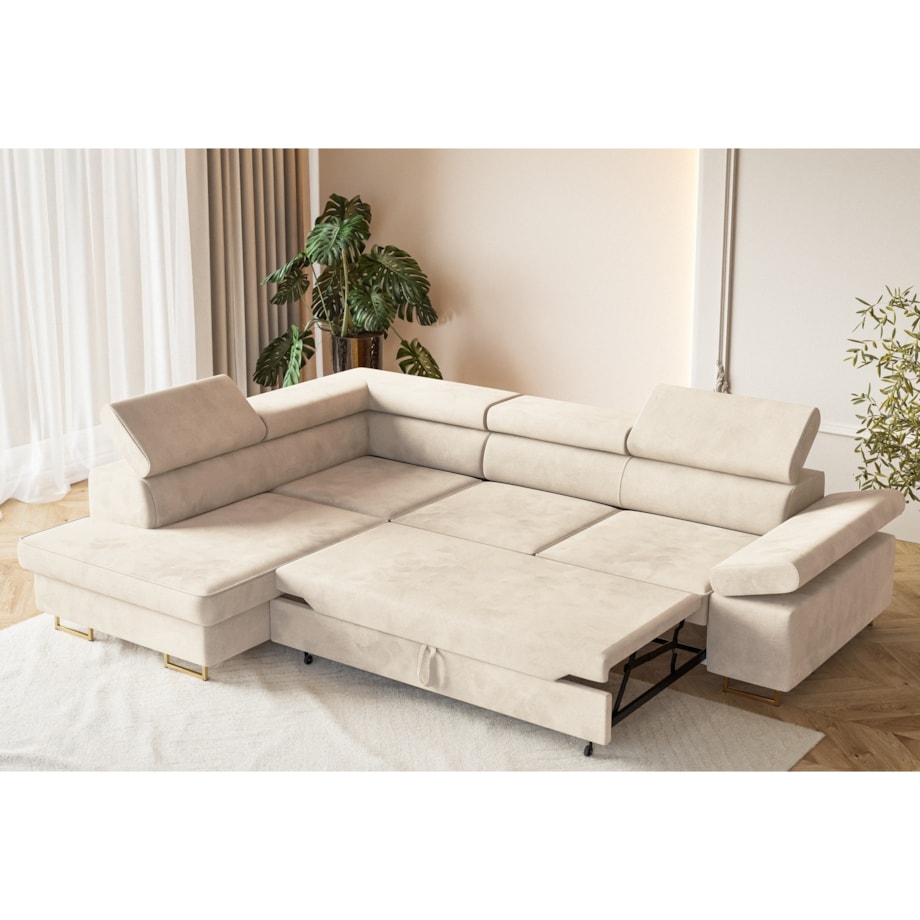 Narożnik ALEX z regulowanymi zagłówkami, lewostronny - Matt Velvet beżowy