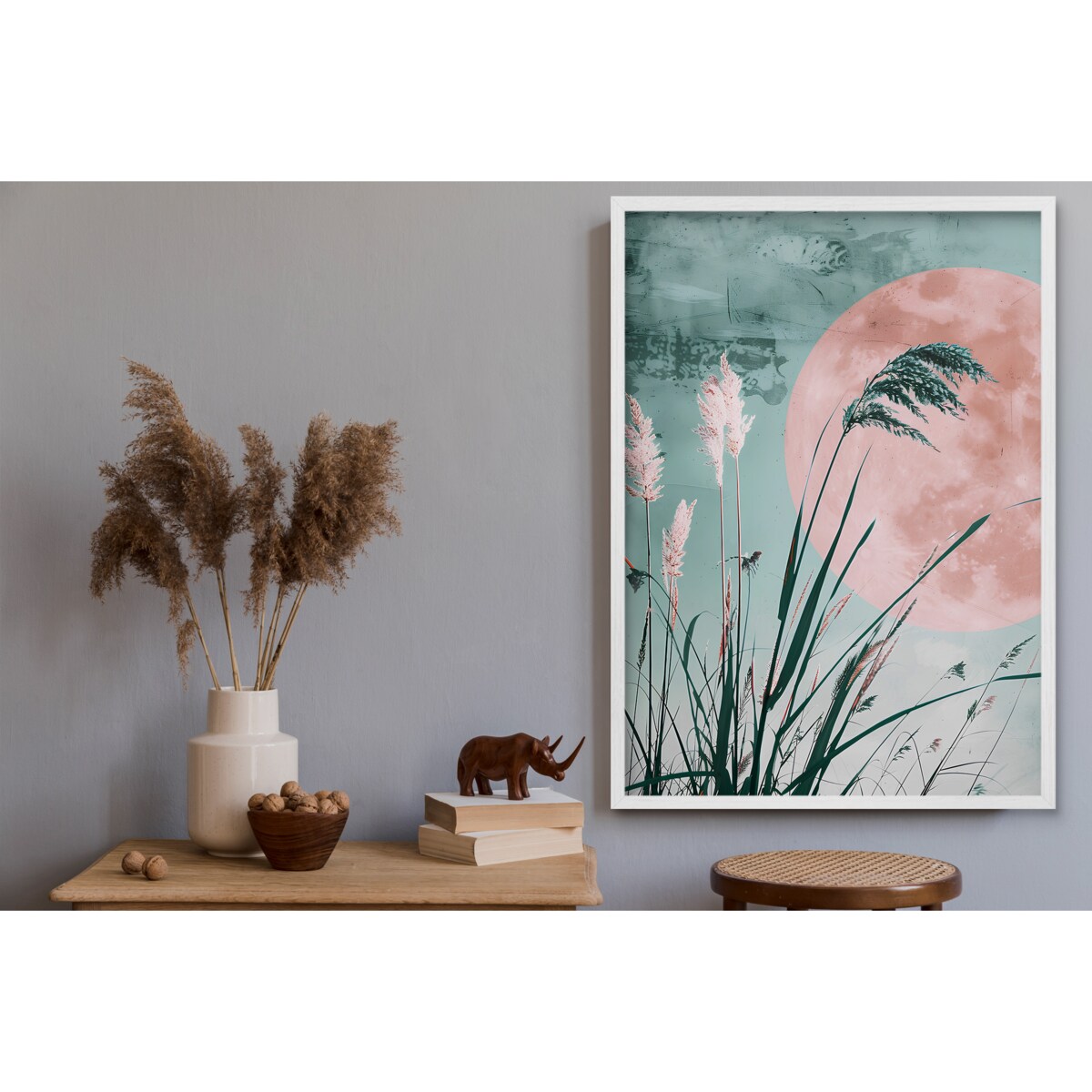 Obraz Plakat Pastelowa Dekoracja w Białej ramie Trawy do sypialni 50x70