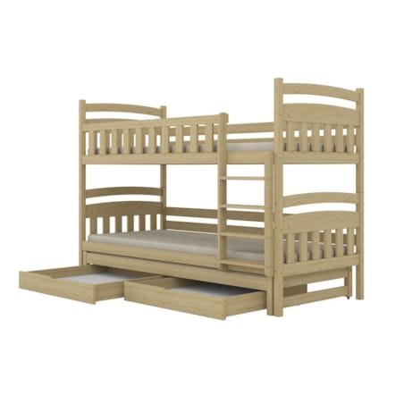 Łóżko piętrowe JULITA 180x90 sosna lakierowana drewniane trzyosobowe z szufladami