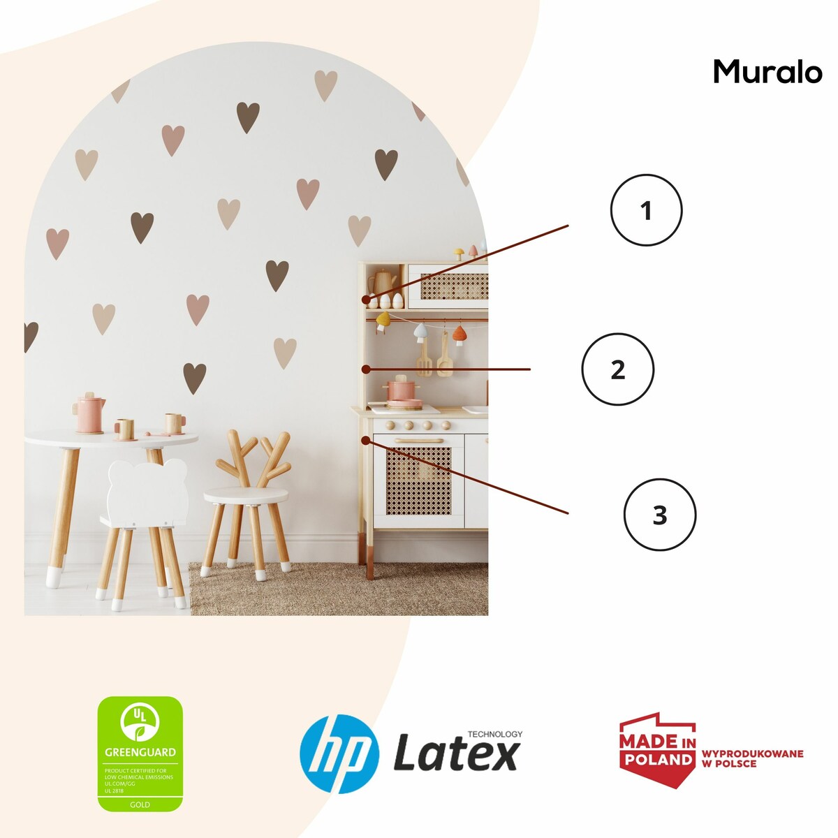 Naklejki Na Ścianę Dla Dzieci Beżowe Pastelowe SERDUSZKA Serca ZESTAW