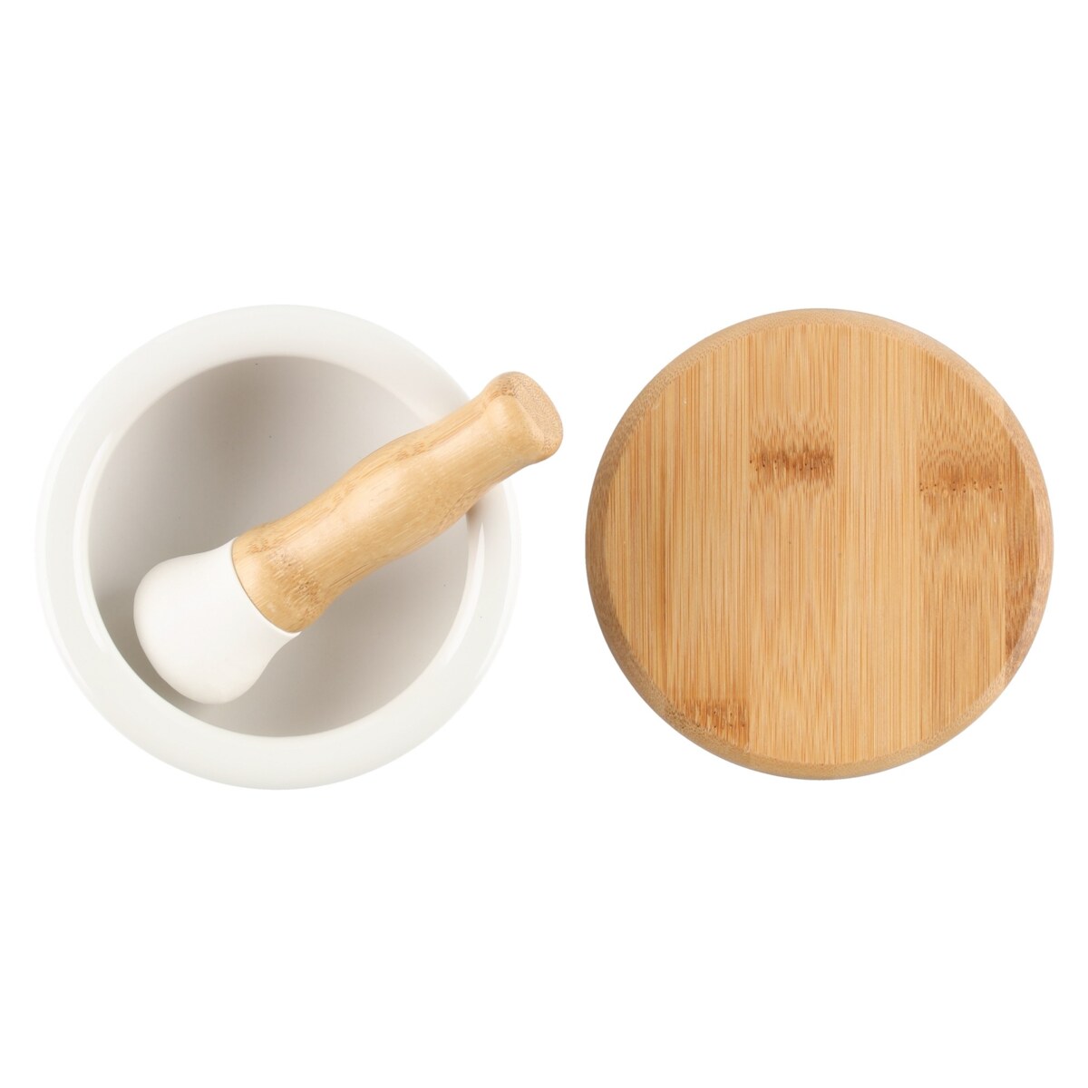 Moździerz ceramiczny biały Ø 12x6 cm MORTEROm z bambusową pokrywką