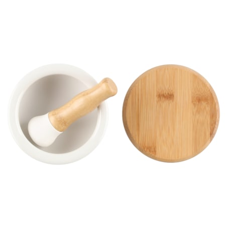 Moździerz ceramiczny biały Ø 12x6 cm MORTEROm z bambusową pokrywką