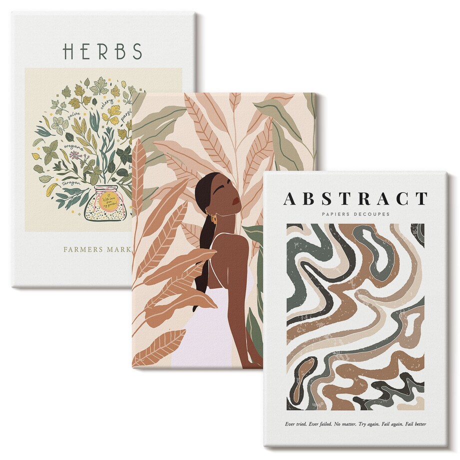 Zestaw 3 dużych obrazów na płótnie - Boho pastelowe plakaty minimalistyczne boho - beżowy