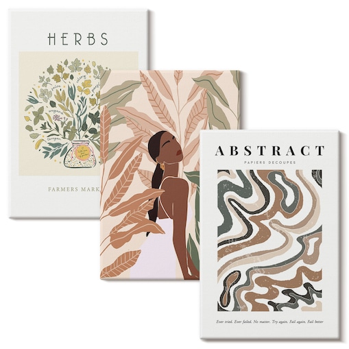 Zestaw 3 dużych obrazów na płótnie - Boho pastelowe plakaty minimalistyczne boho - beżowy