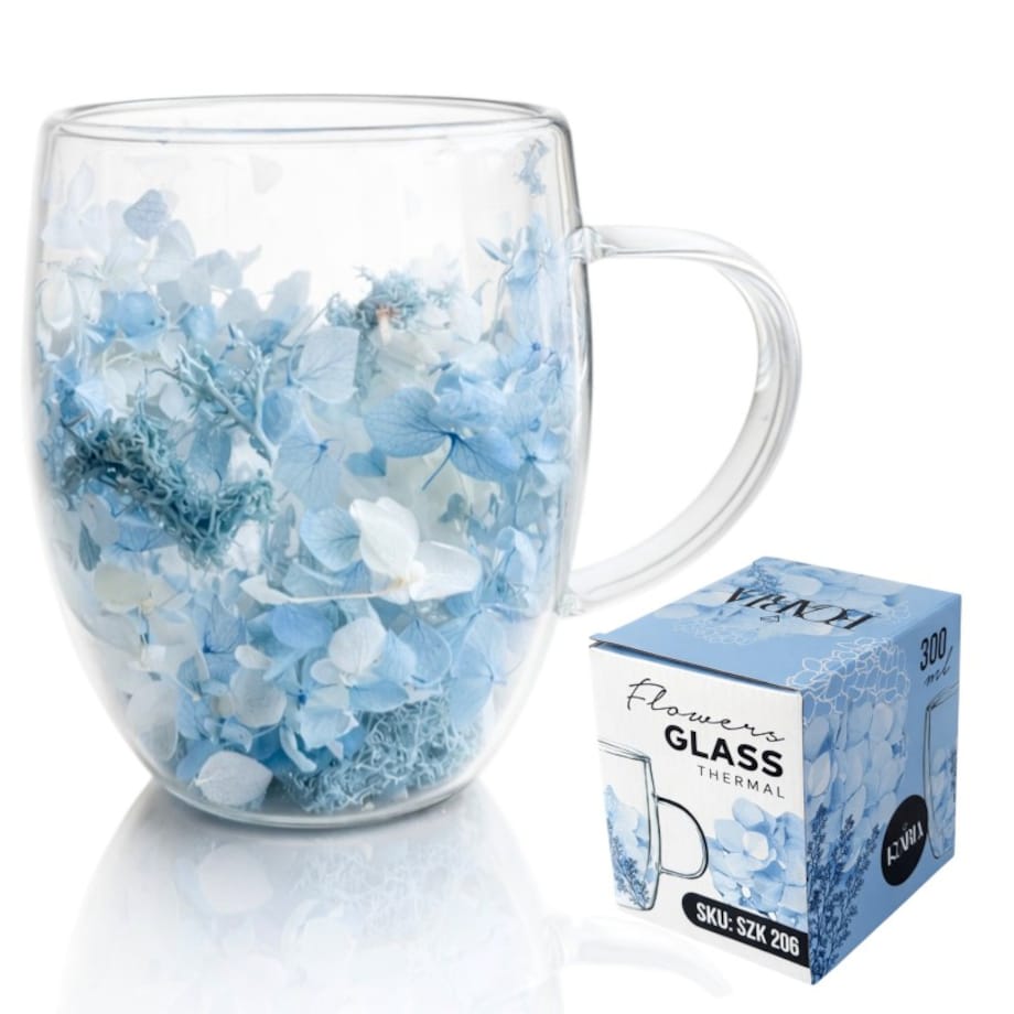 Szklanka termiczna z kwiatami w środku, hortensje, mech niebieskie 300 ml 1szt SZK206