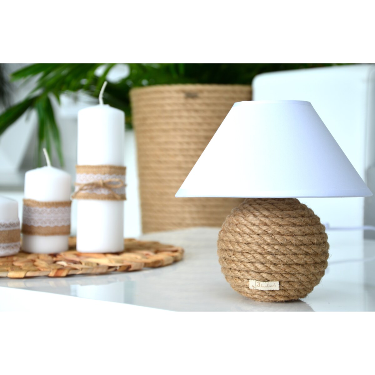 MINI Lampka stołowa Boho naturalny sznurek jutowy pleciony * styl etno skandi skandynawski* lampka nocna biurkowa * biały abażur + juta