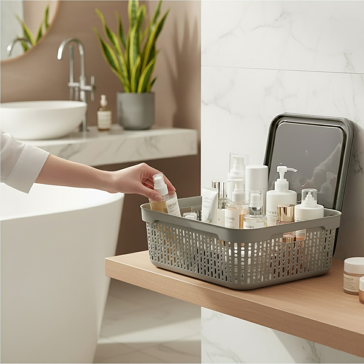 Koszyk Koszyczek Ażurowy XL Plastikowy Na Kosmetyki Do Łazienki Pojemnik Z Pokrywką Zamykany Z Dziurkami Jasnoszary