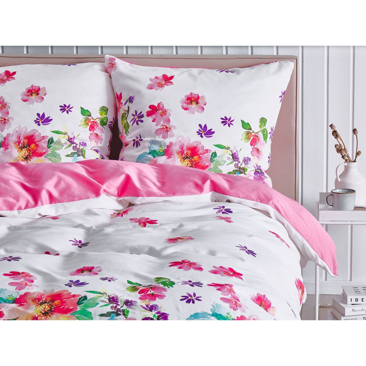Komplet pościeli bawełnianej satynowej w kwiaty 135 x 200 cm biało-różowy LARYNHILL