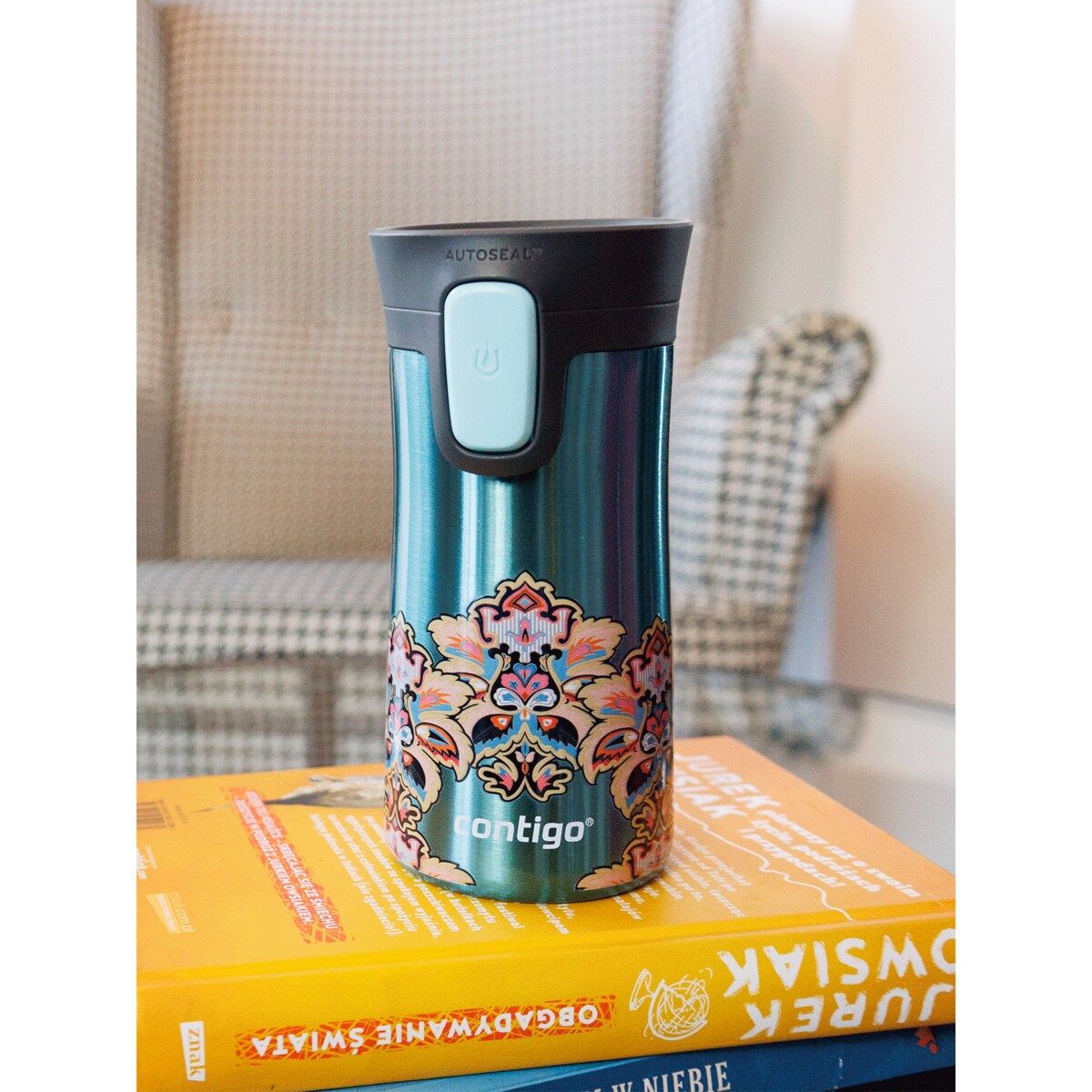 Kubek termiczny Contigo Pinnacle 300 ml z nadrukiem - Pansy - turkusowy
