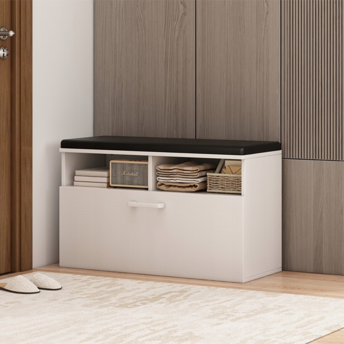 Szafka na buty z siedziskiem I schowkiem przedpokój 6 półek otwierana biała