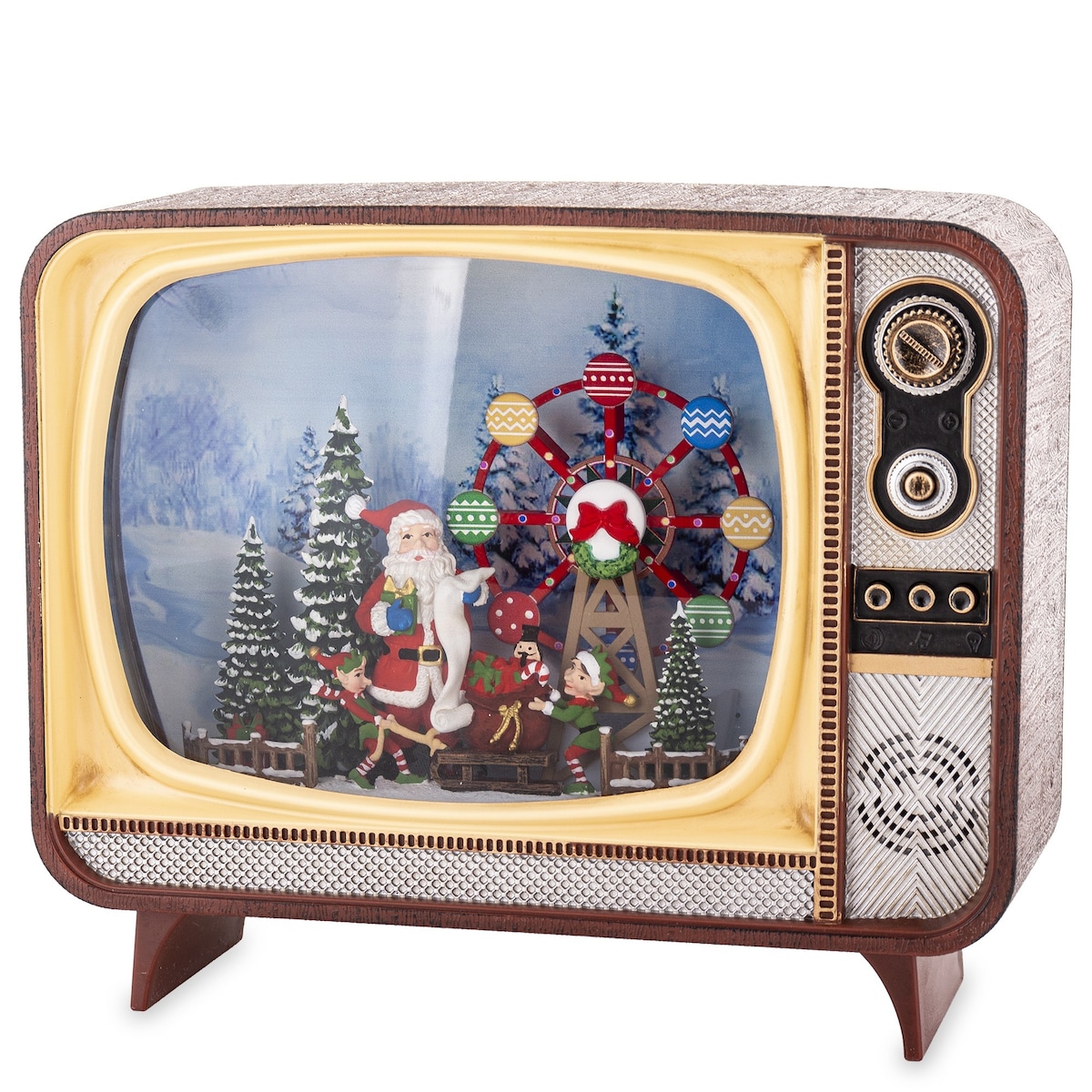 Dekoracja świąteczna - Telewizor z Mikołajem i kołem młyńskim 17,5x21x12 cm LED i pozytywką