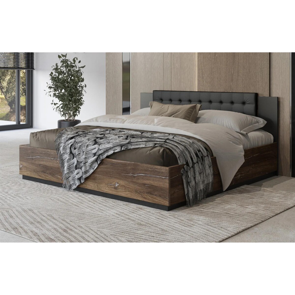 Łóżko SIGMA 180x200 dąb flagstaff srebrny/czarny mat z tapicerowanym zagłówkiem