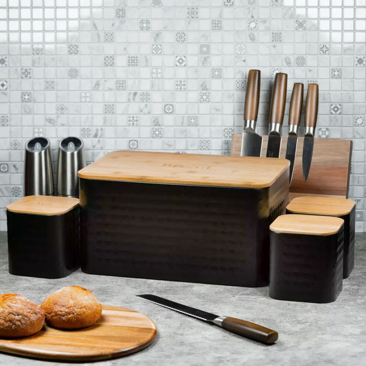 Chlebak w zestawie z 3 pojemnikami pojemnik na chleb pieczywo czarny KLAUSBERG