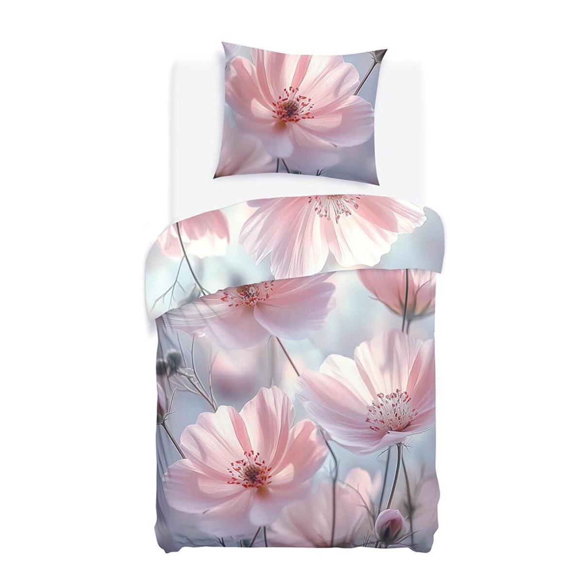 Pościel satyna bawełniana 140x200 Rosabella pastelowe różowe kwiaty, Satynlove Premium