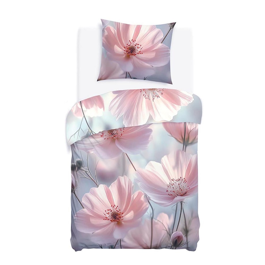 Pościel satyna bawełniana 140x200 Rosabella pastelowe różowe kwiaty, Satynlove Premium