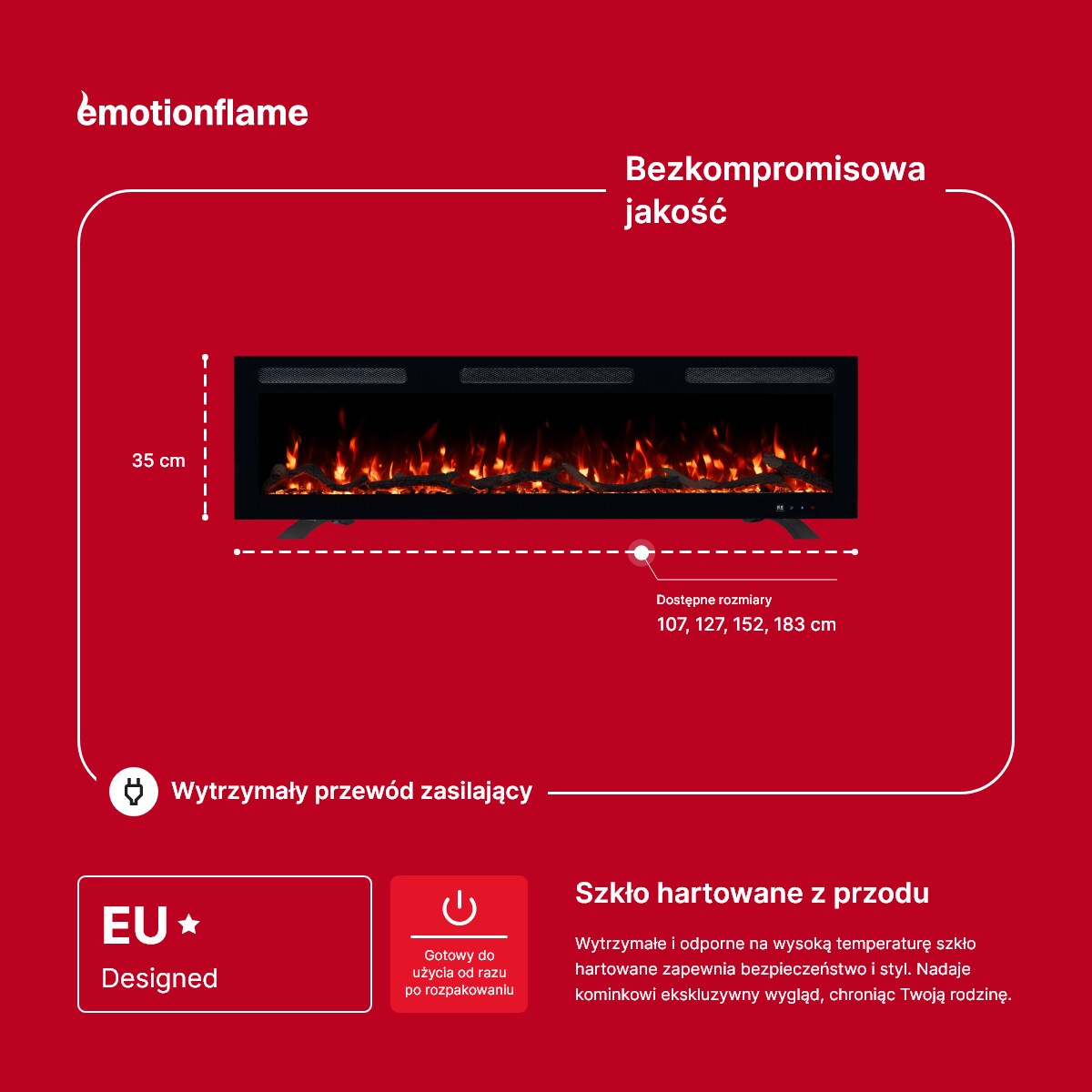 Kominek elektryczny Emotion Flame Monarch 152 - ścienny i do zabudowy - 152x13x35 cm - kominek LED z funkcją grzania 900/1800 W