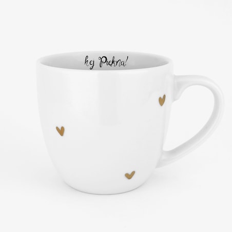 Biały kubek porcelanowy 300 ml - napis hej piękna na urodziny dla niej