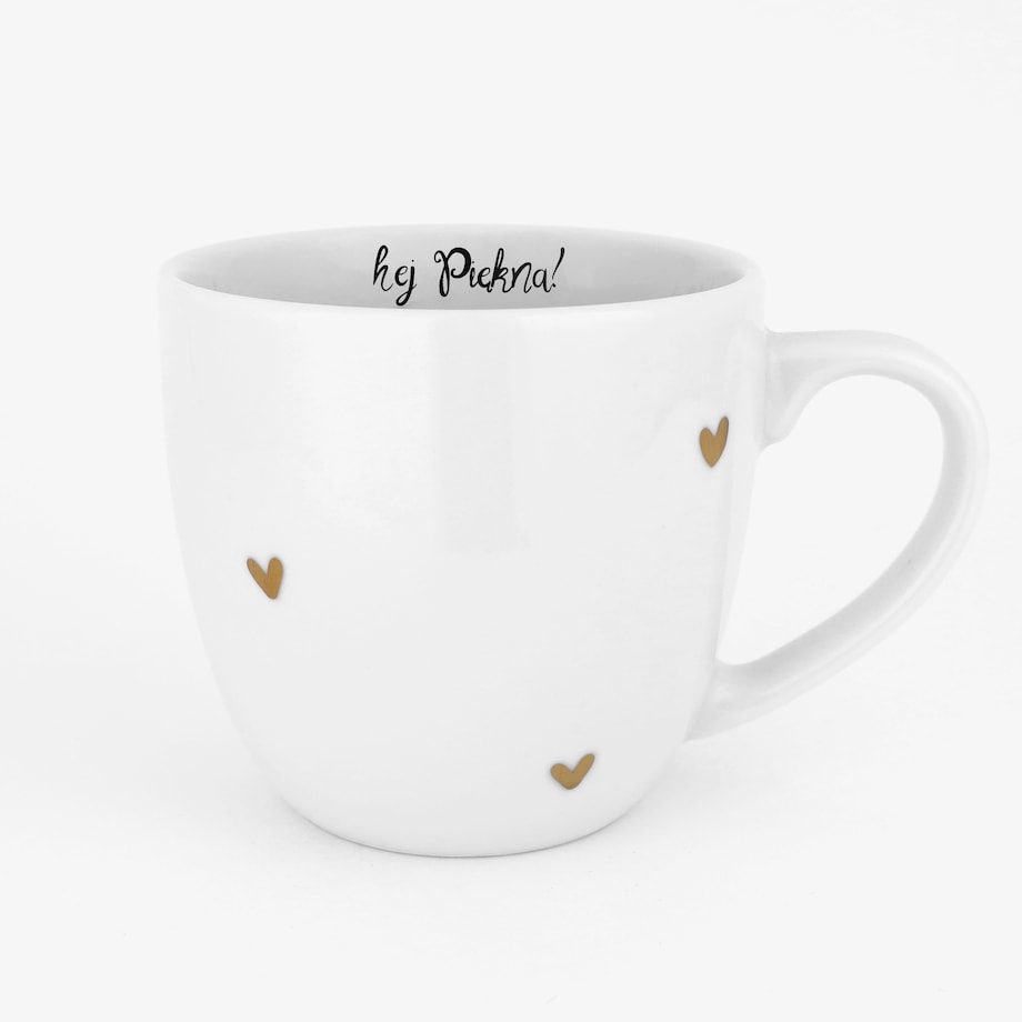 Biały kubek porcelanowy 300 ml - napis hej piękna na urodziny dla niej
