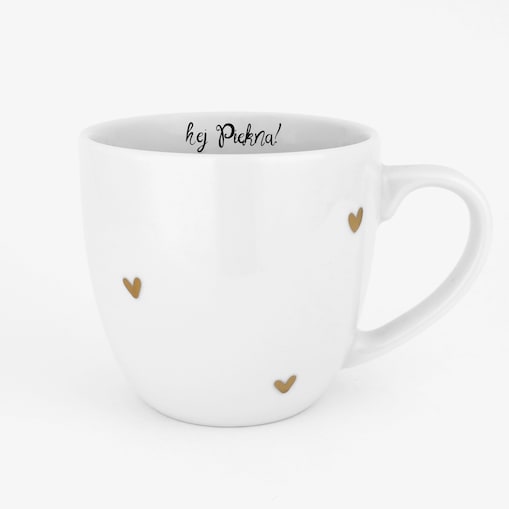 Biały kubek porcelanowy 300 ml - napis hej piękna na urodziny dla niej