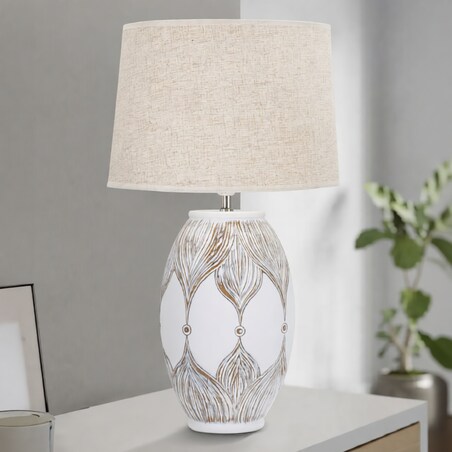 Lampa stołowa Oval Atene, kolor bielony i brązowy, żywica syntetyczna i żelazo, 38 x 38 x 67 cm, kształt owalny, 1 x E27, max. 40 W, Mauro Ferretti