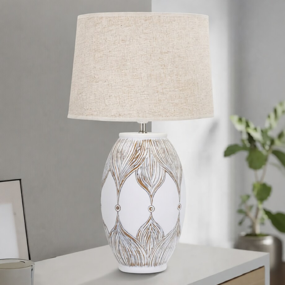 Lampa stołowa Oval Atene, kolor bielony i brązowy, żywica syntetyczna i żelazo, 38 x 38 x 67 cm, kształt owalny, 1 x E27, max. 40 W, Mauro Ferretti