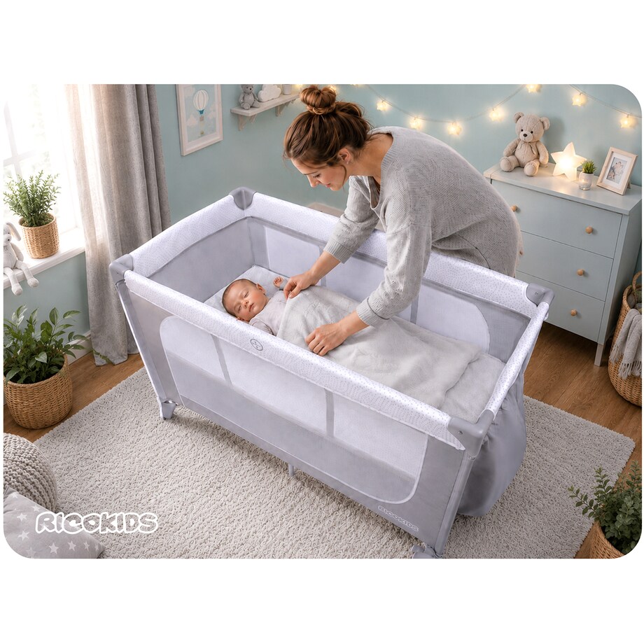 Łóżeczko turystyczne dla dziecka składane podróżne kojec Ricokids + materac + torba
