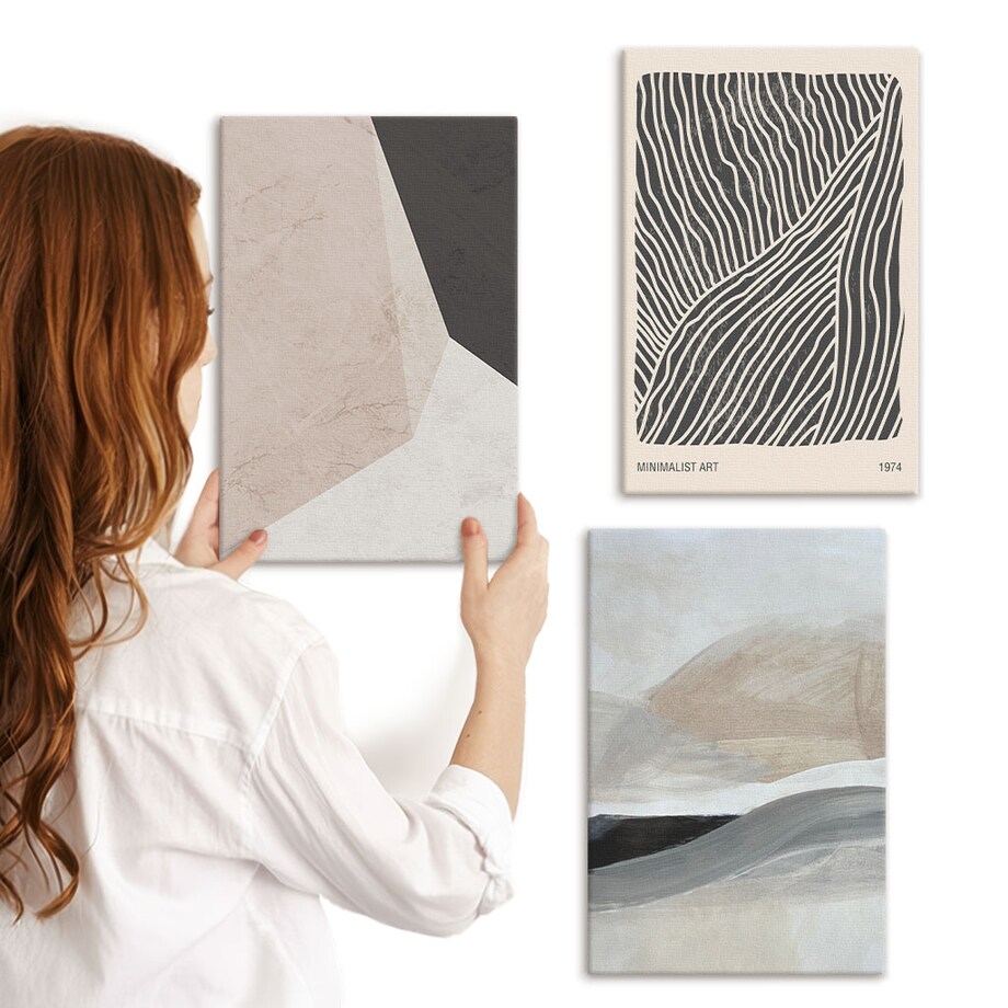 Zestaw 3 małych obrazów na płótnie - Abstrakcyjne wzory beż szarość - beżowy