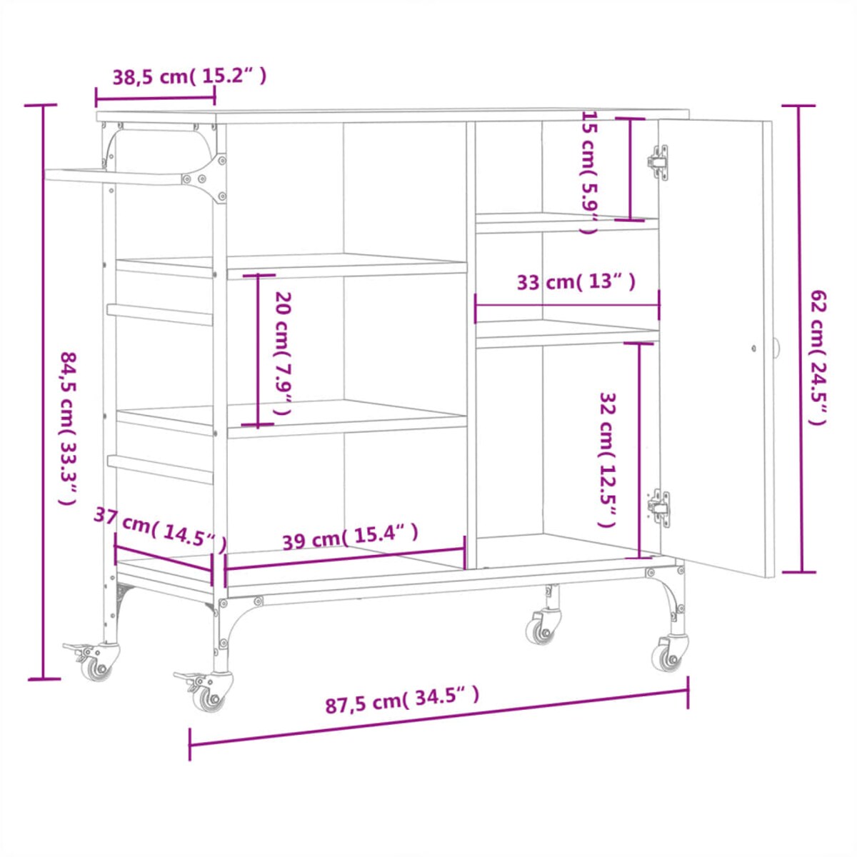 vidaXL Wózek kuchenny, szary dąb sonoma, 87,5x38,5x84,5 cm