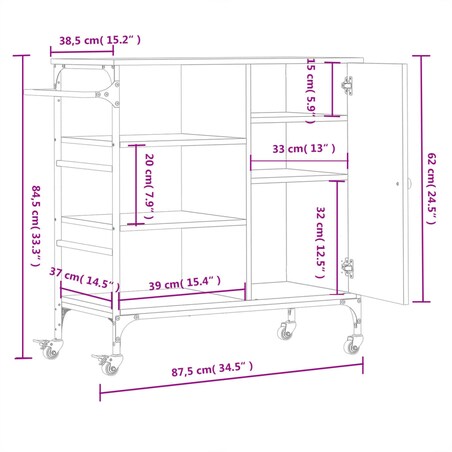 vidaXL Wózek kuchenny, szary dąb sonoma, 87,5x38,5x84,5 cm