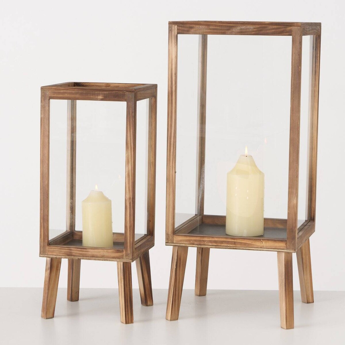 Lampiony drewniane MALIKA, duże, na nóżkach, 2 sztuki