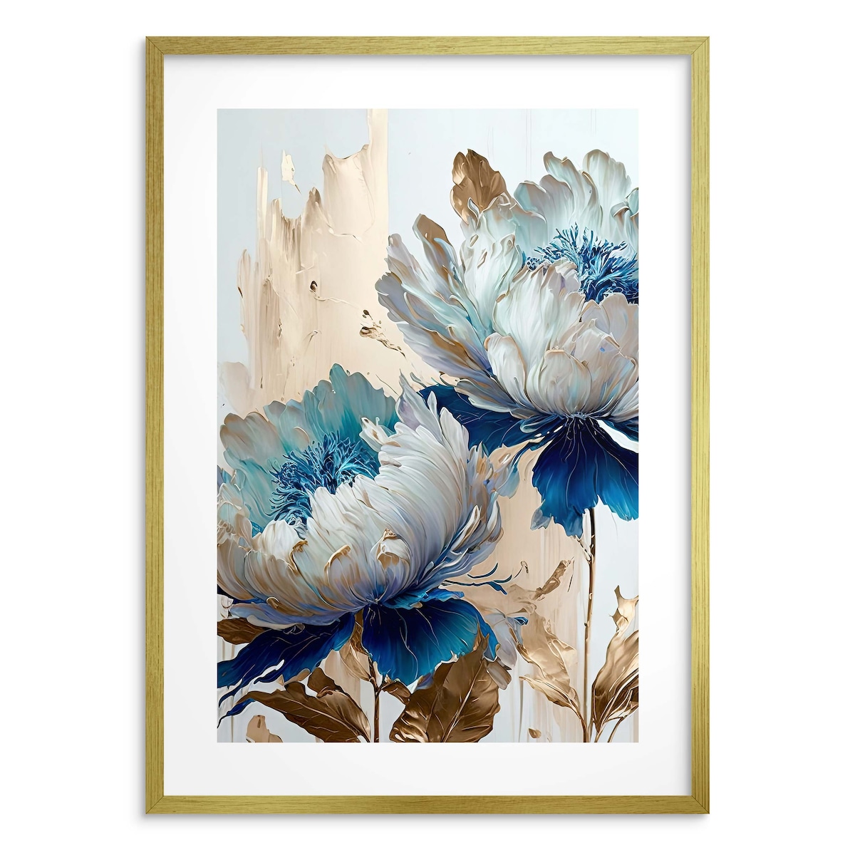 Elegancki Obraz Plakat ścienny Niebiesko Złote Kwiaty na ścianę Glamour