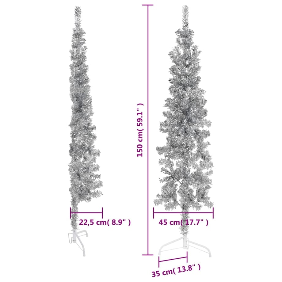vidaXL Smukła choinka połówka ze stojakiem, sztuczna, srebrna, 150 cm