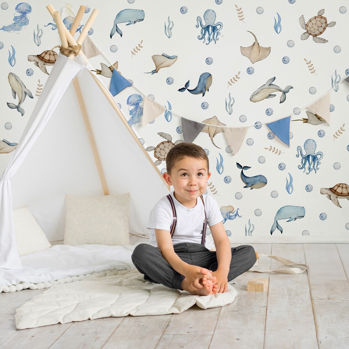 Naklejki Dla Dzieci Morskie Zwierzęta Wieloryby Ośmiornice Płaszczki ZESTAW 120x60cm