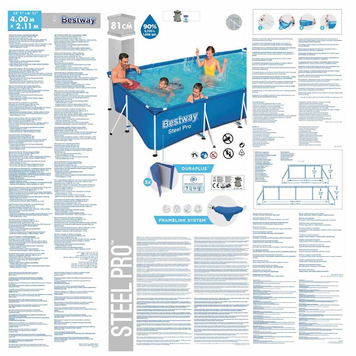 Bestway Basen Steel Pro z osprzętem, prostokątny, 400x211x81 cm, 56424