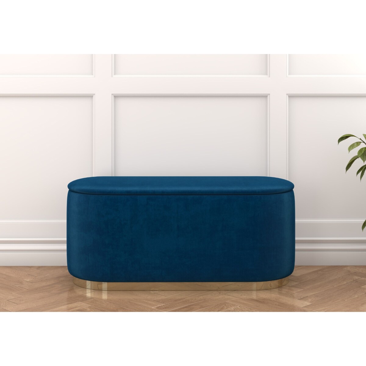 Tapicerowany owalny puf ze schowkiem Dancan SCARLETT na złotej podstawie / szer. 110 cm / granatowy