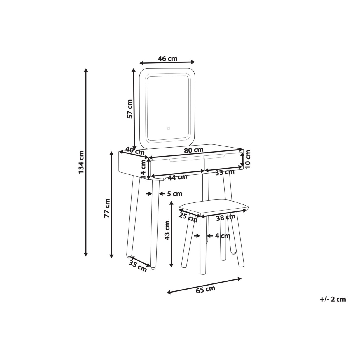 Toaletka 2 szuflady lustro LED ze stołkiem biało-szara DIEPPE