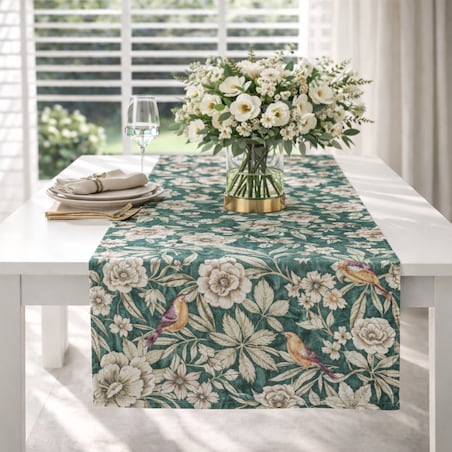 Bieżnik z motywem liści i ptaków Emerald – 50 × 220 cm