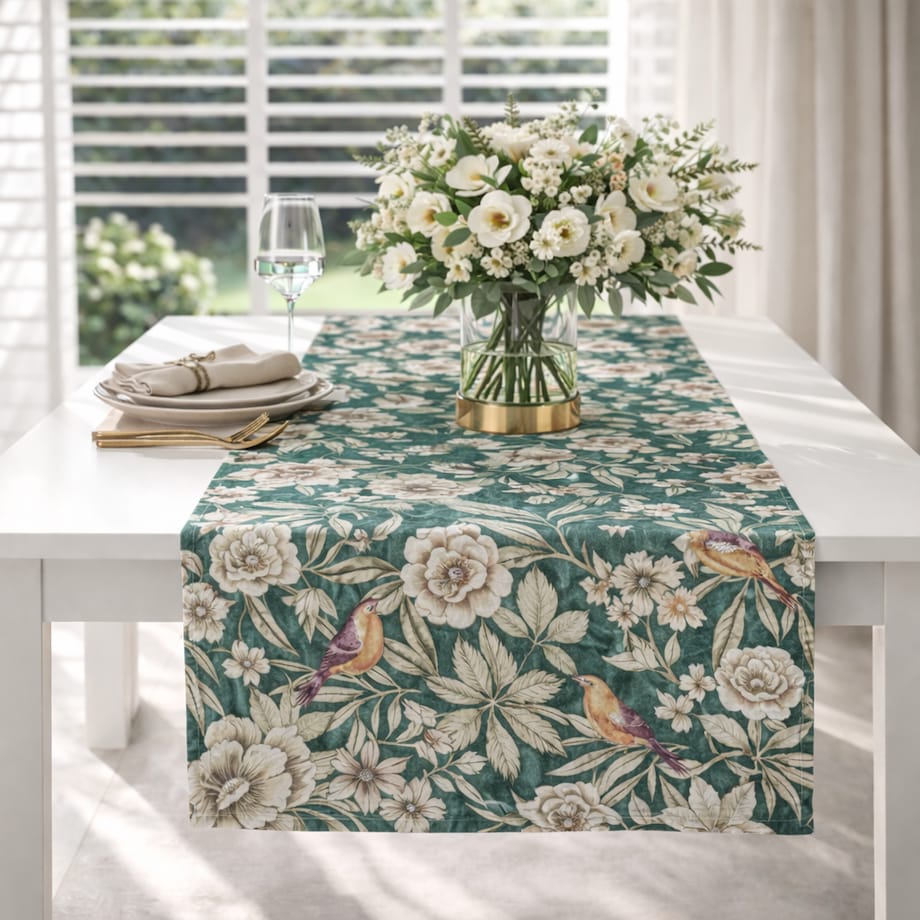 Bieżnik z motywem liści i ptaków Emerald – 50 × 220 cm