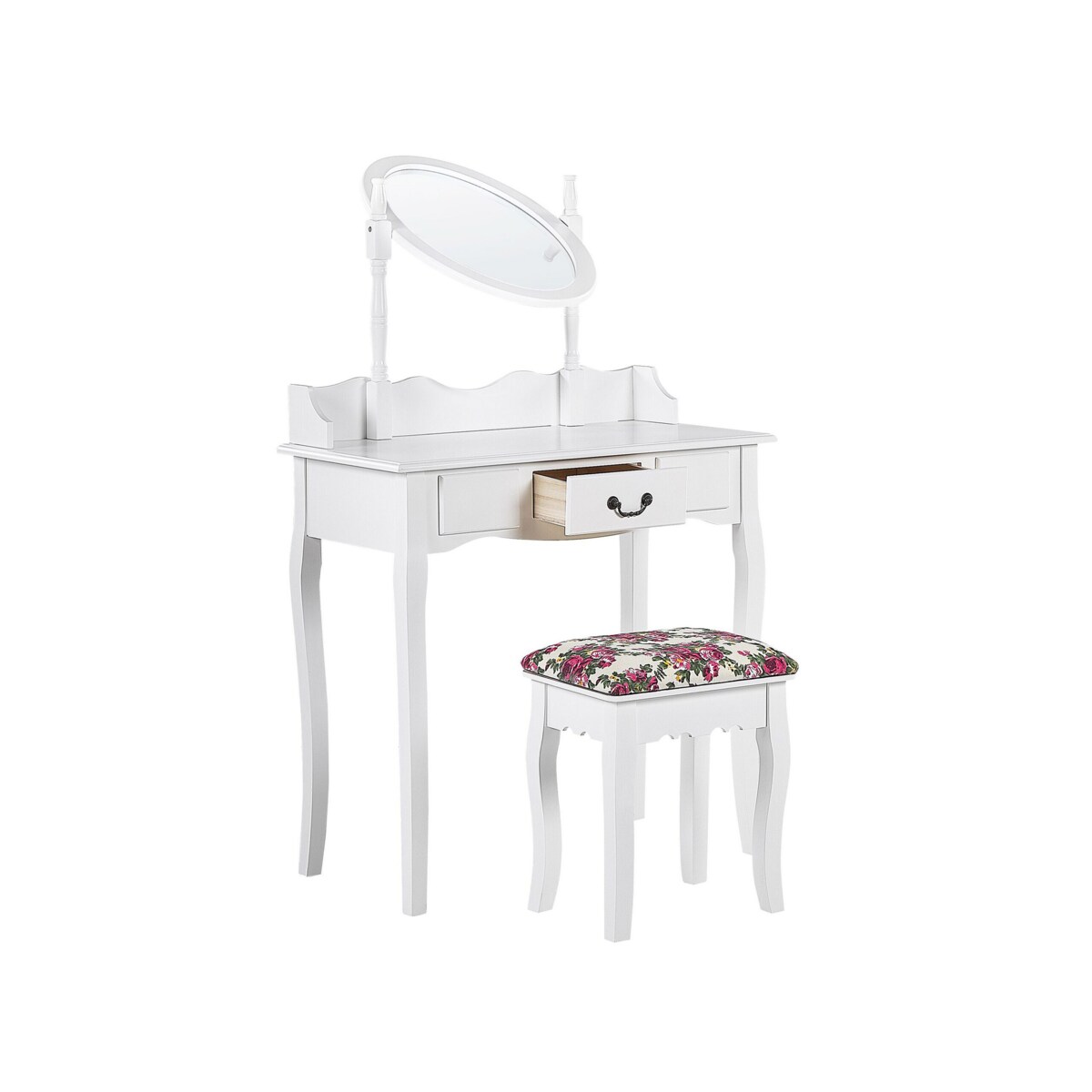 Toaletka 1 szuflada owalne lustro i stołek biała SOLEIL