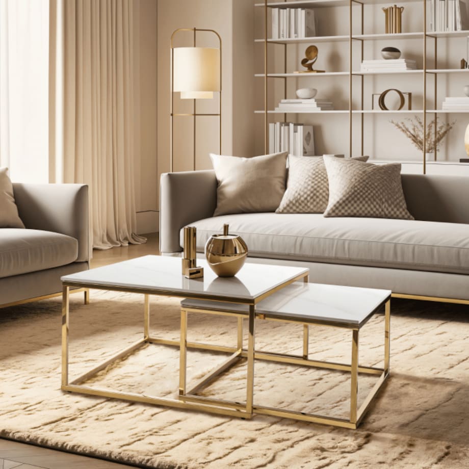 Stolik Kawowy Kwadratowy Zestaw 2w1 Ława Glamour Biały Marmur Złoty TENOR