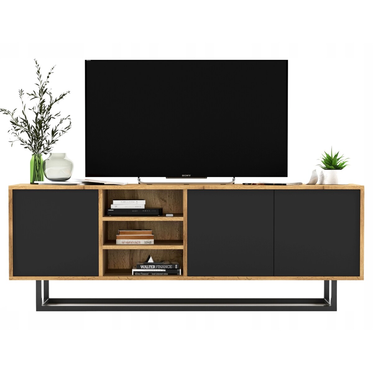 Industrialna Szafka RTV Loft Komoda RTV Dąb Wotan Czarny MAT 150 cm