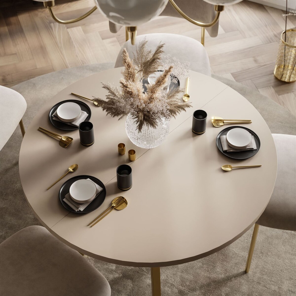 Okrągły stół rozkładany VOLTA MATT, nogi złoty, blat kaszmir