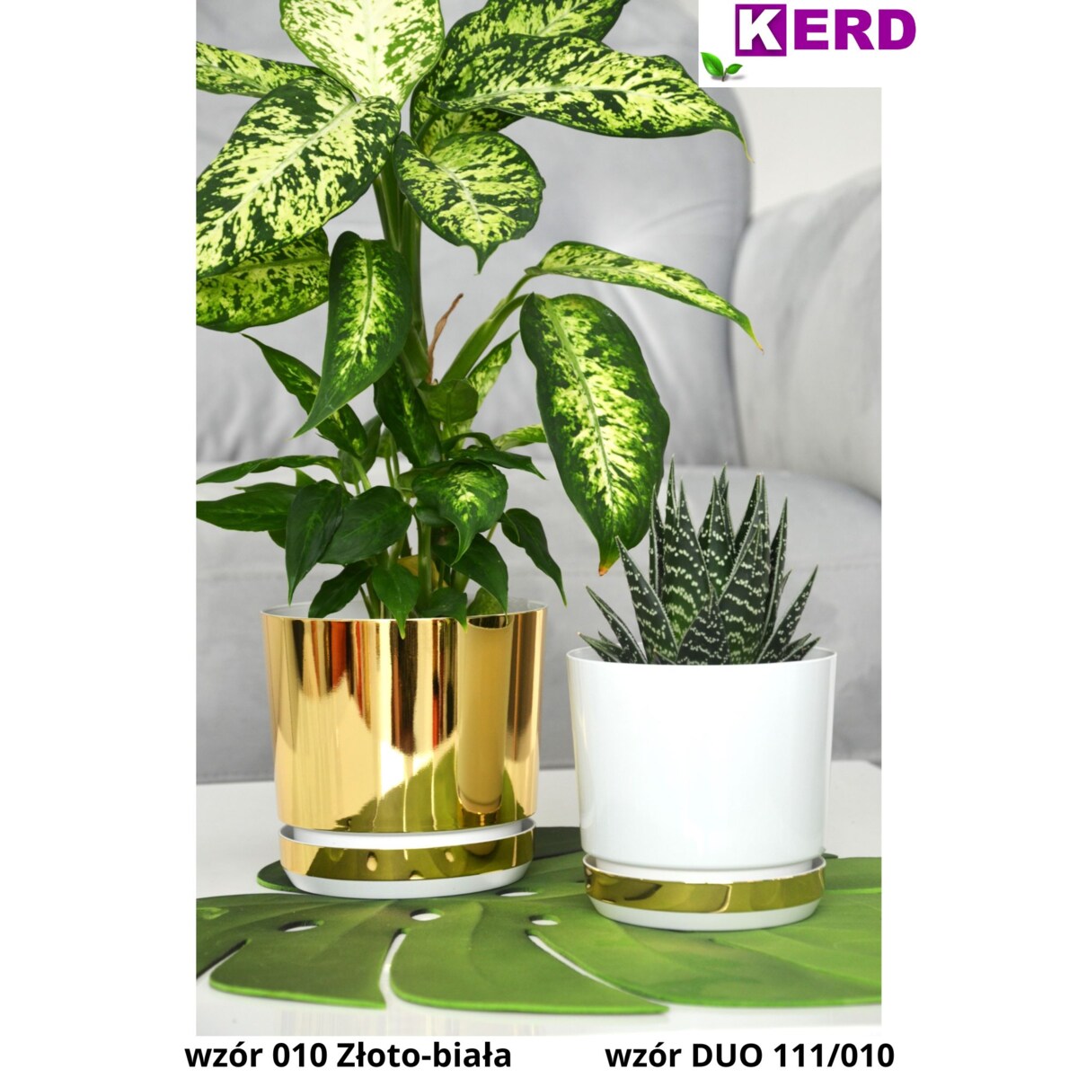 32 Doniczka DUO BIAŁA z podstawką ZŁOTO B. dwukolorowa nowoczesna z połyskiem drenażem elegancka dużą donica szeroka