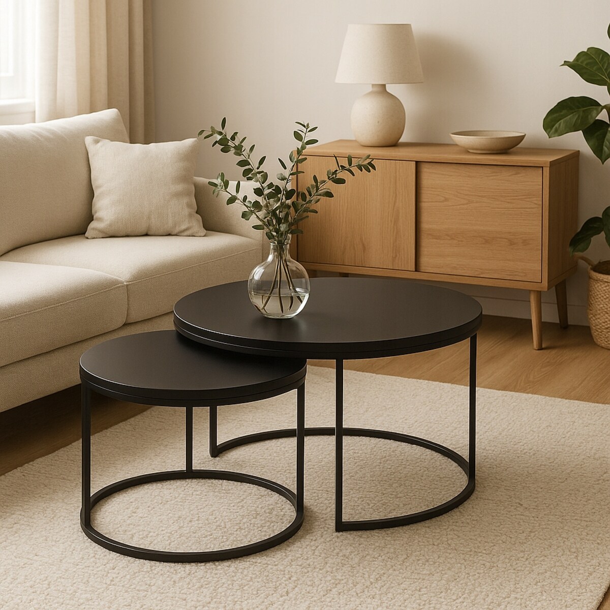 Zestaw 2 Stolików Kawowych Okrągłe LOFTOWE INDUSTRIAL Czarny SOFT LOFT DUO