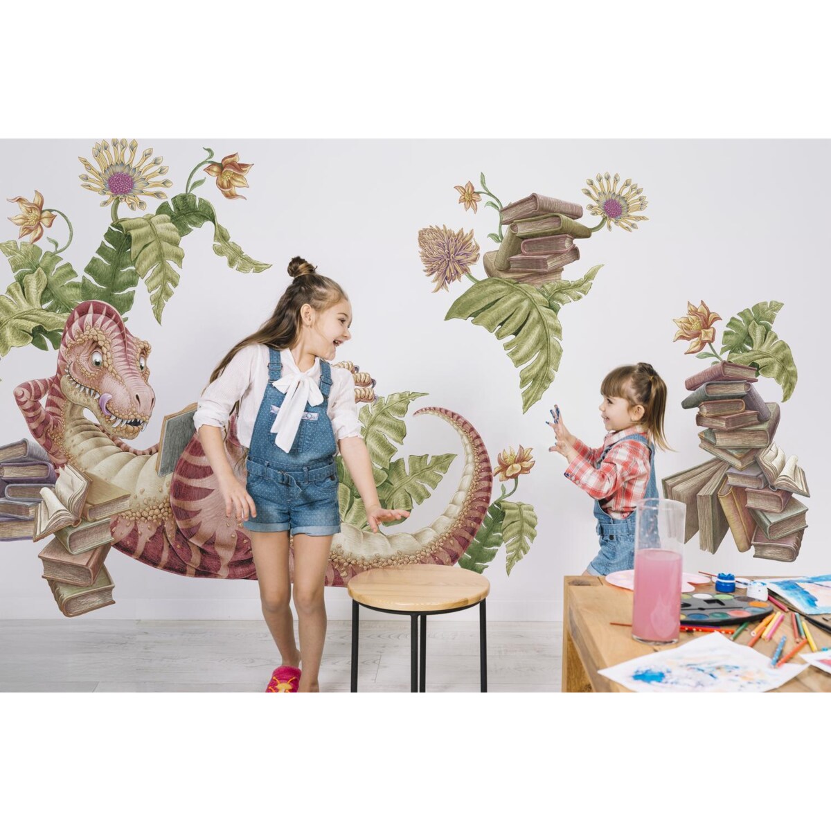 Zestaw naklejek na ścianę, Pastelowy dinozaur czytelnik, 60cm