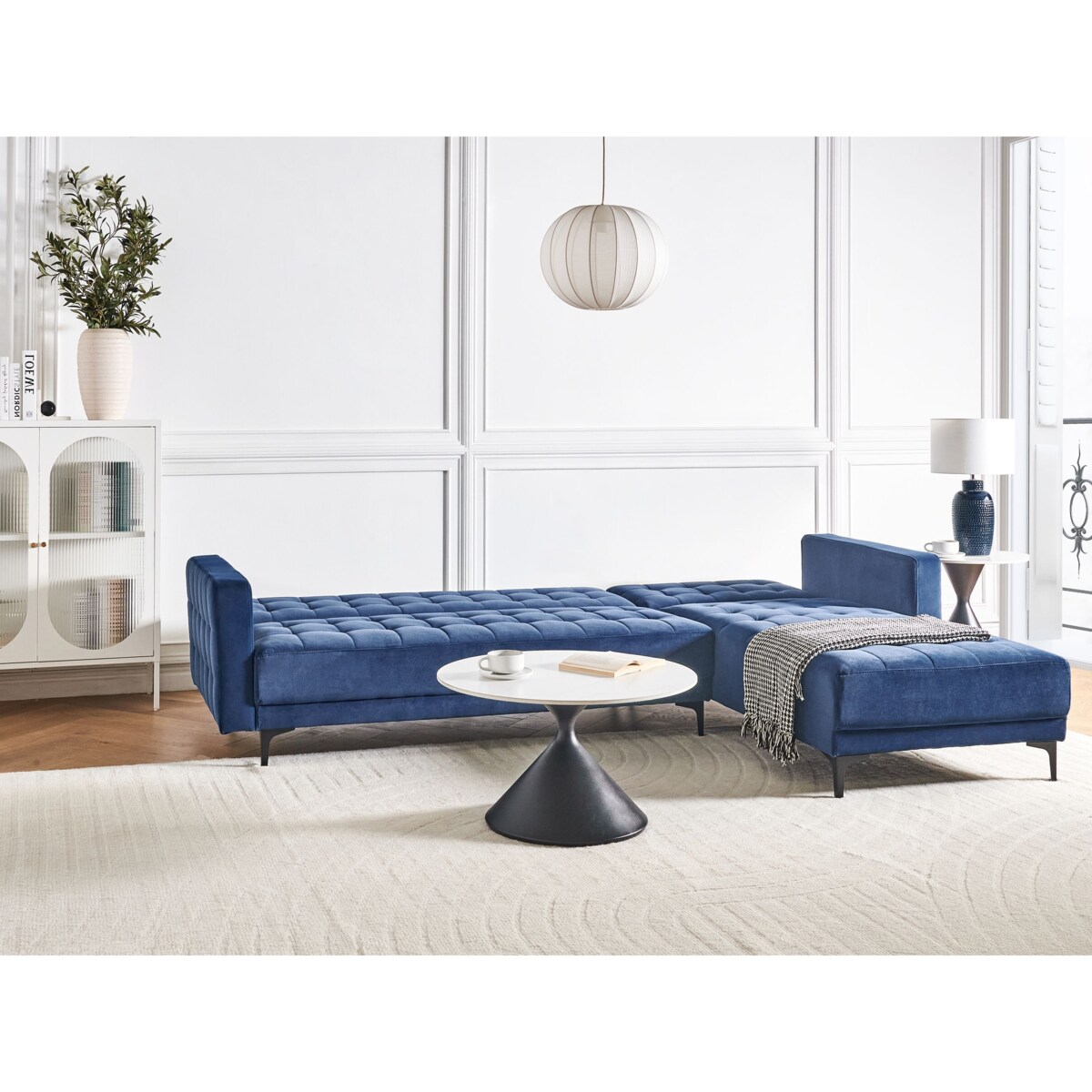 Sofa lewostronna rozkładana welurowa niebieska ABERDEEN