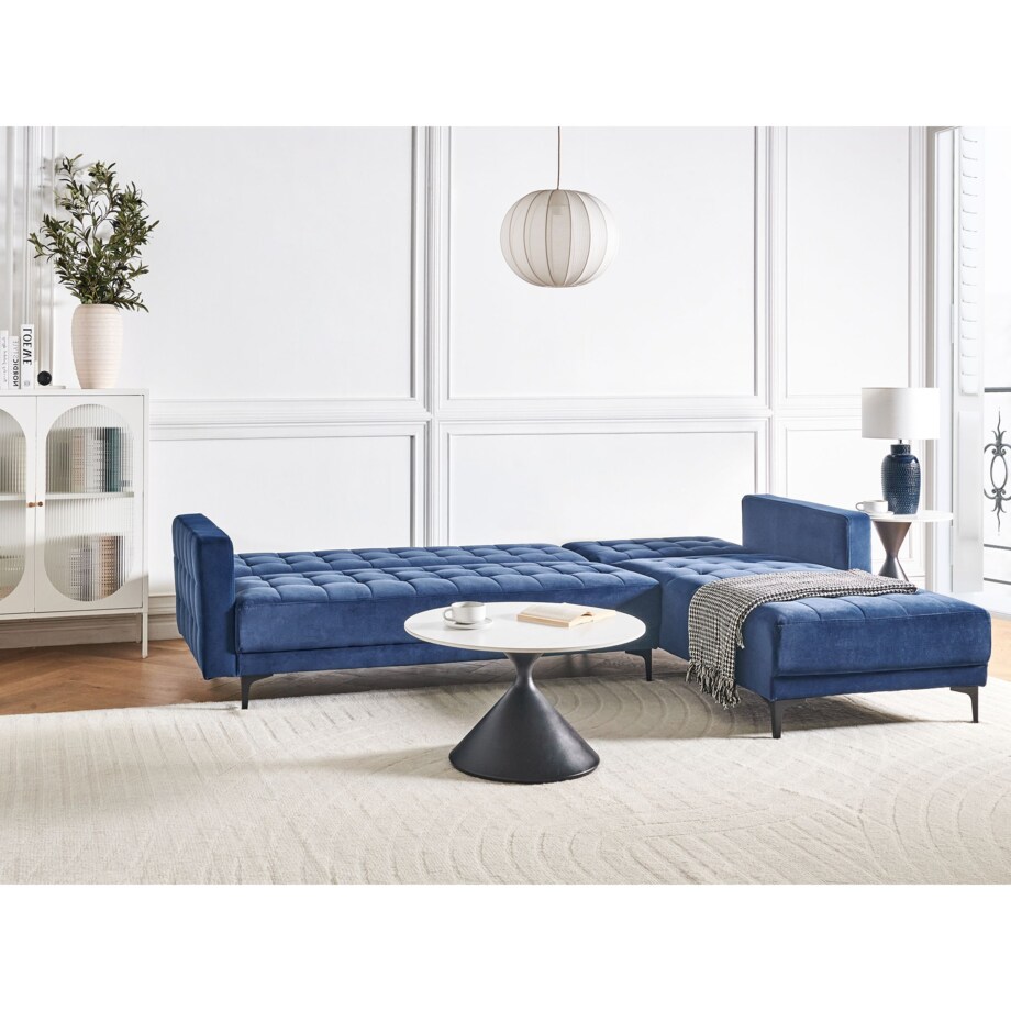 Sofa lewostronna rozkładana welurowa niebieska ABERDEEN