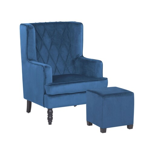 Fotel welurowy z podnóżkiem niebieski SANDSET